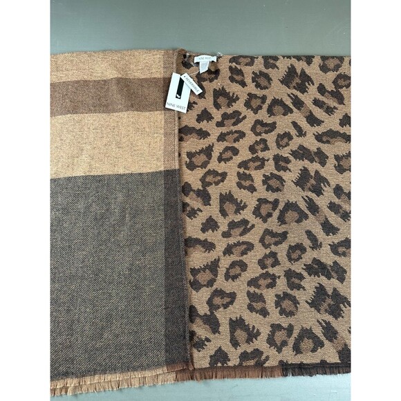 Nine West Reversible Wrap Scarf Plaid Leopard Brown Black Fringe NWT $50 MSRP - Picture 8 of 9